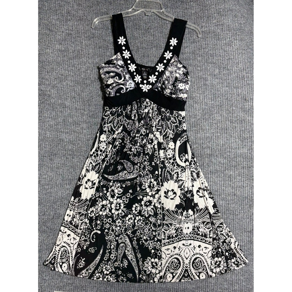 Style & Co Womens Black White Floral Paisley‎ Beaded V-Neck Dress Size S